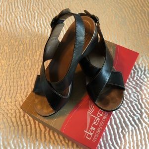 Dansko Black Leather Crisscross Platform Sandals